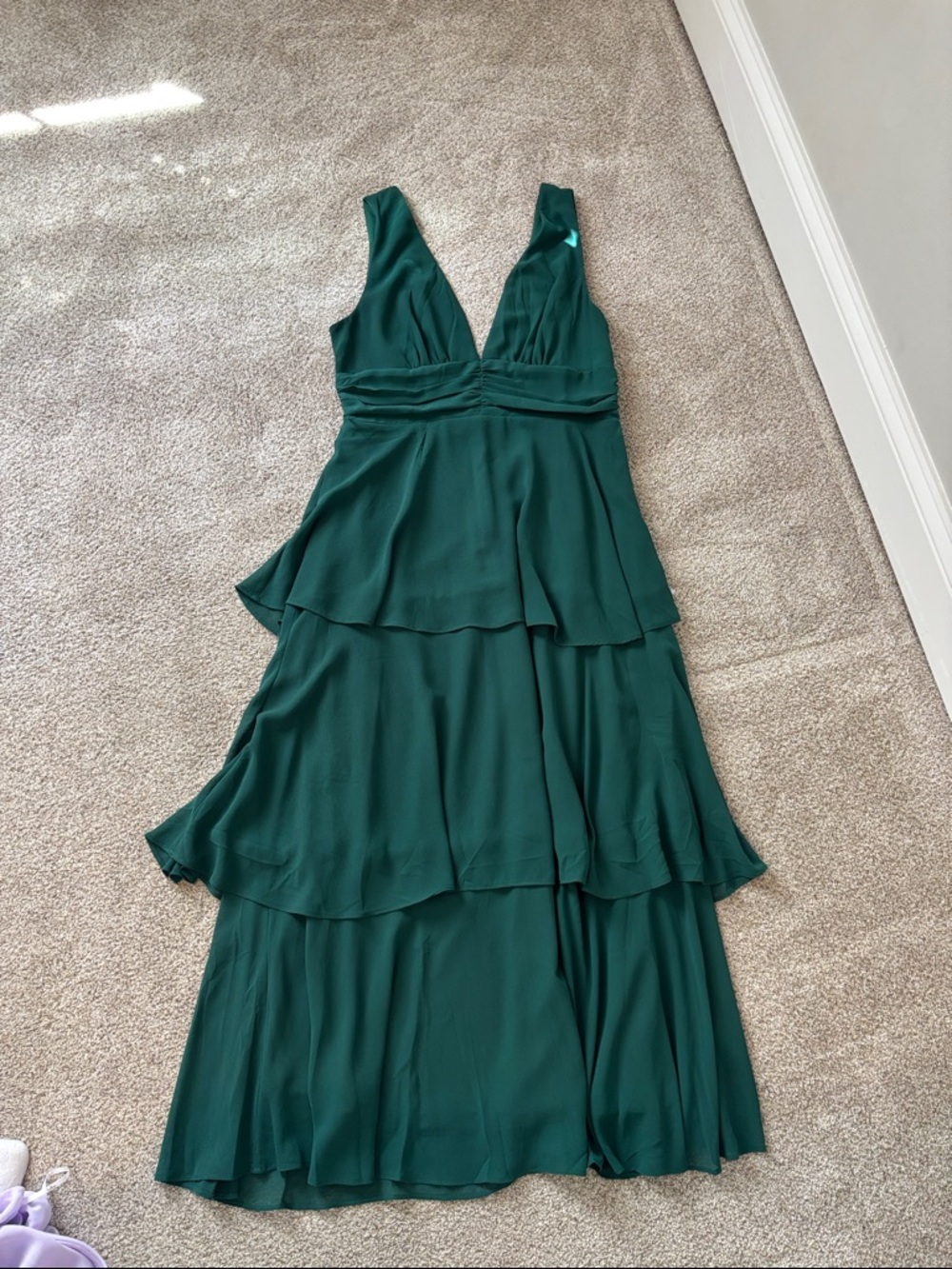 Lulu's Deep Green Tiered V-Neck Maxi Dress